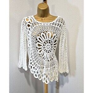 Boston Proper Crochet Open Knit Sweater Sm Sparkle Asymmetric Hippie Boho Grunge